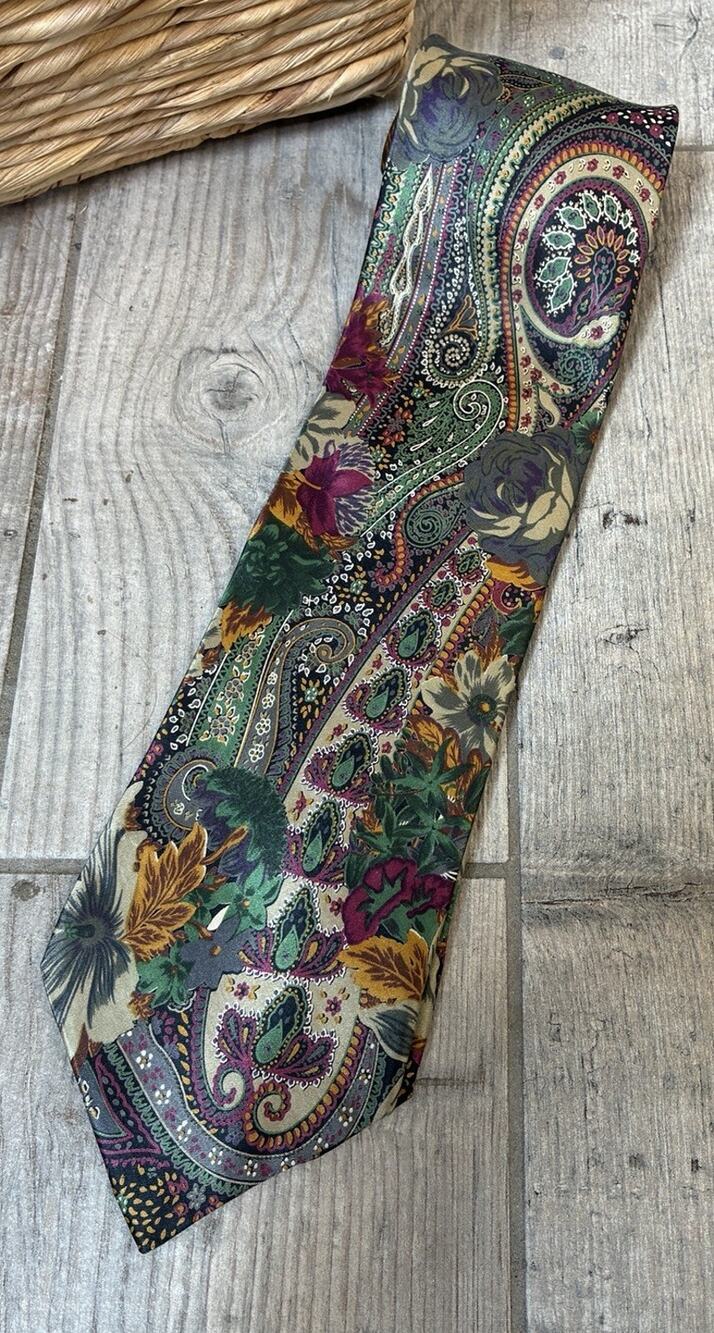 Rare Vintage Napoleon Silk Tie Paisley Floral Gold Plate Keeper Loop Jewel Tone